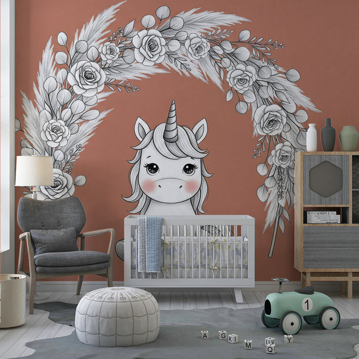 Babyzimmer Tapete | Niedliches Einhorn und zarte Blumen