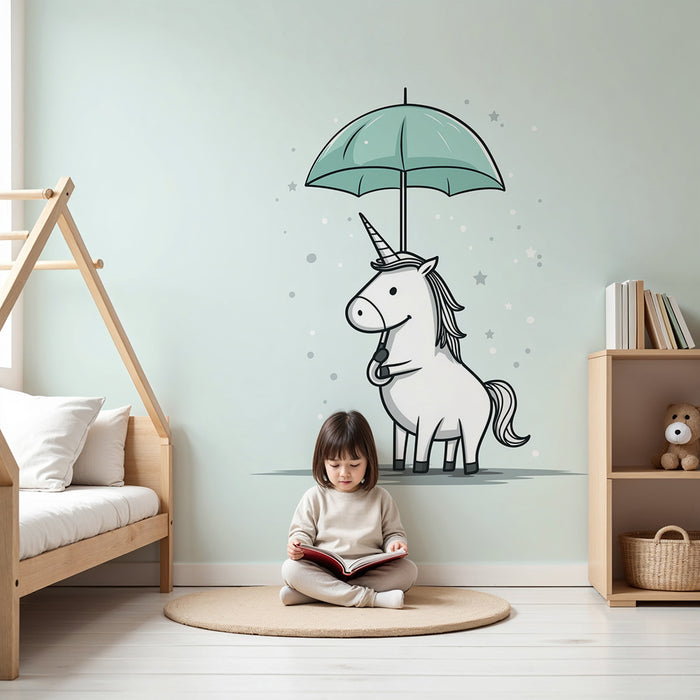 Lastenhuoneen tapetti | Söpö yksisarvinen turkoosin sateenvarjon alla