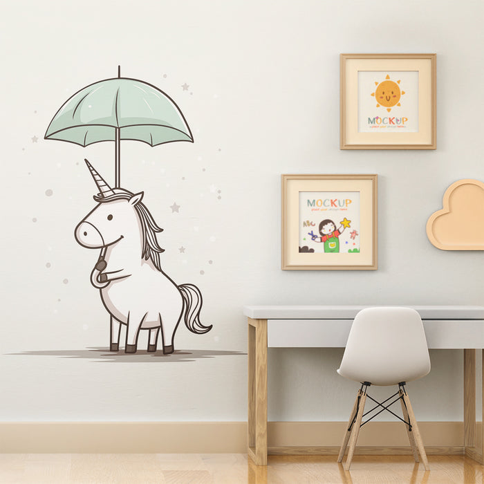 Lastenhuoneen tapetti | Söpö yksisarvinen turkoosin sateenvarjon alla