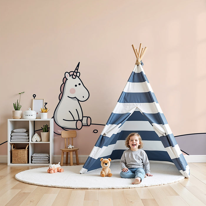 Tapet pentru camera copilului | Unicorn drăguț pe un peisaj pastelat