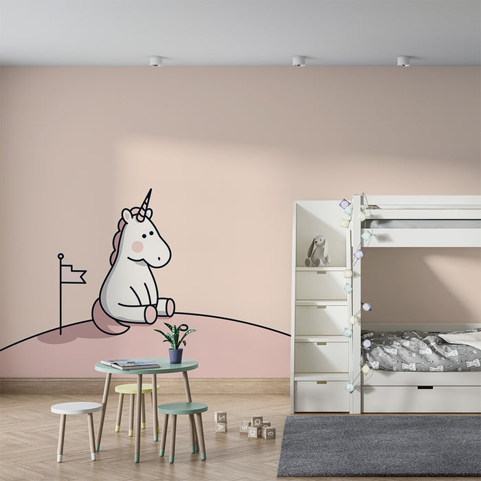 Tapet pentru camera copilului | Unicorn drăguț pe un peisaj pastelat
