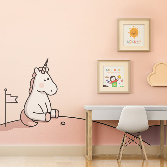 Tapet pentru camera copilului | Unicorn drăguț pe un peisaj pastelat