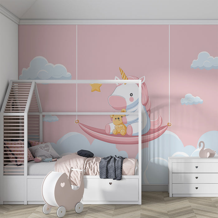 Papier peint chambre bébé | Licorne mignonne sur une balançoire dans les nuages