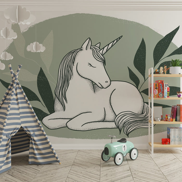 Nursery room wallpaper | Peaceful unicorn surrounded by soft foliage