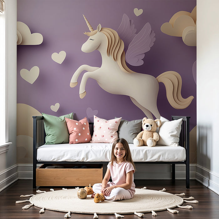 Papier de parede bébi szoba | Repülő unikornis egy puha égboltban felhőkkel és szívekkel