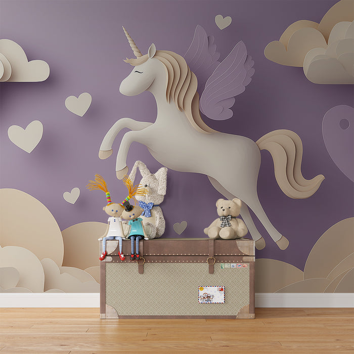 Papier de parede bébi szoba | Repülő unikornis egy puha égboltban felhőkkel és szívekkel