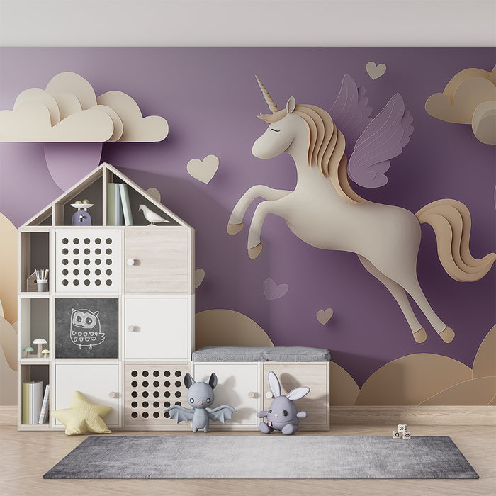 Papier de parede bébi szoba | Repülő unikornis egy puha égboltban felhőkkel és szívekkel