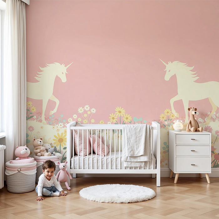 Papier peint chambre bébé | Licornes dans un champ de fleurs pastel