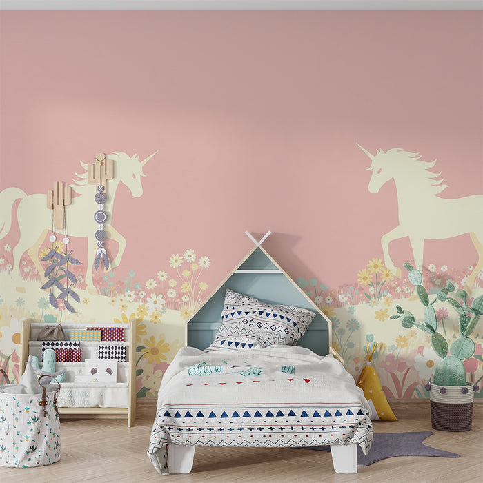 Papier peint chambre bébé | Licornes dans un champ de fleurs pastel