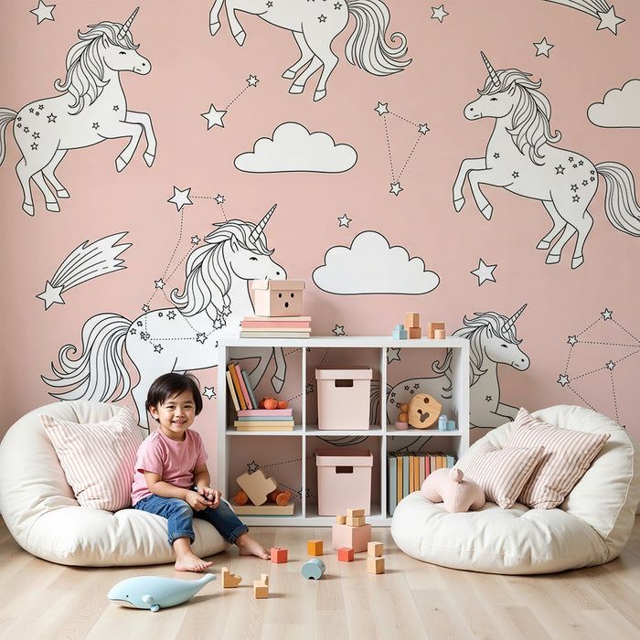 Papier peint chambre bébé | Licornes dans un ciel étoilé avec nuages doux