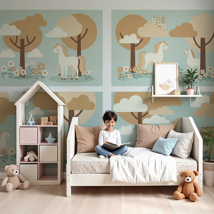 Papier peint chambre bébé | Licornes dans un paysage enchanteur avec fleurs et arbres