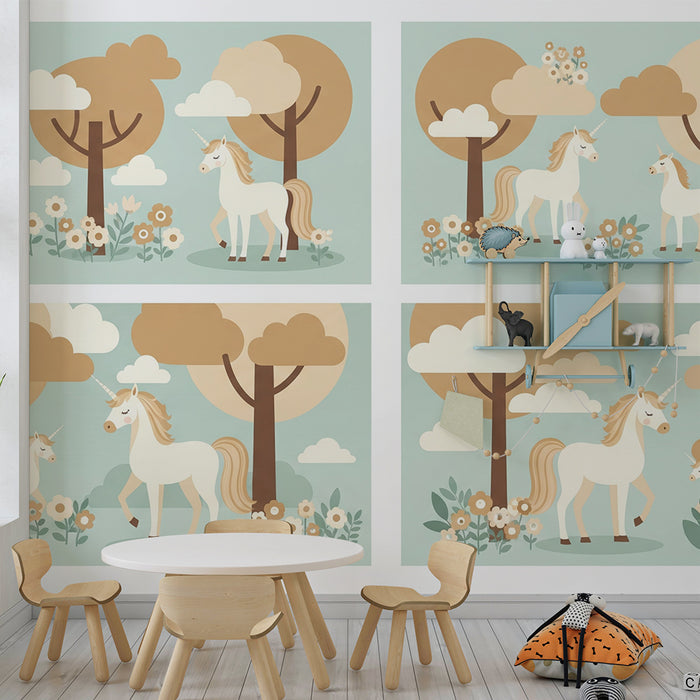 Papier peint chambre bébé | Licornes dans un paysage enchanteur avec fleurs et arbres