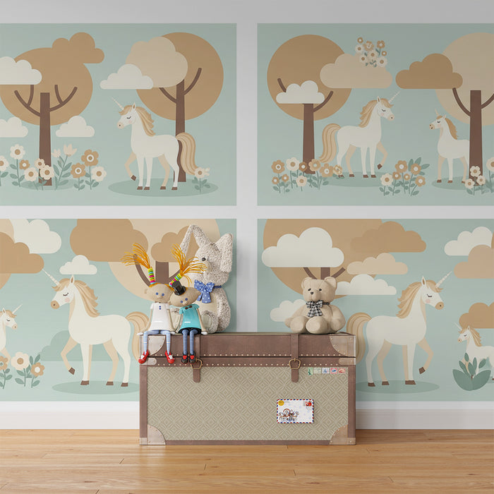 Papier peint chambre bébé | Licornes dans un paysage enchanteur avec fleurs et arbres