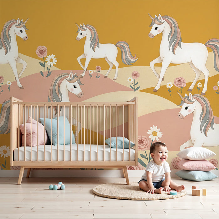 Papier peint chambre bébé | Licornes élégantes dans un paysage floral doux