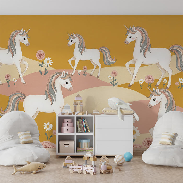 Papier peint chambre bébé | Licornes élégantes dans un paysage floral doux