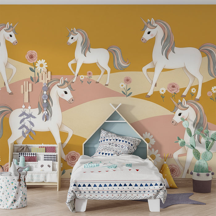 Papier peint chambre bébé | Licornes élégantes dans un paysage floral doux
