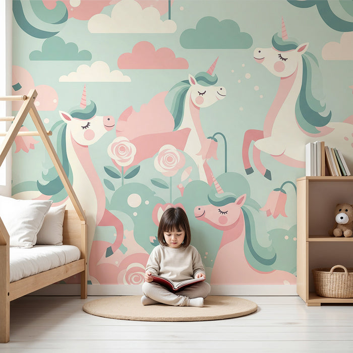 Papier peint chambre bébé | Licornes enchantées dans un jardin pastel
