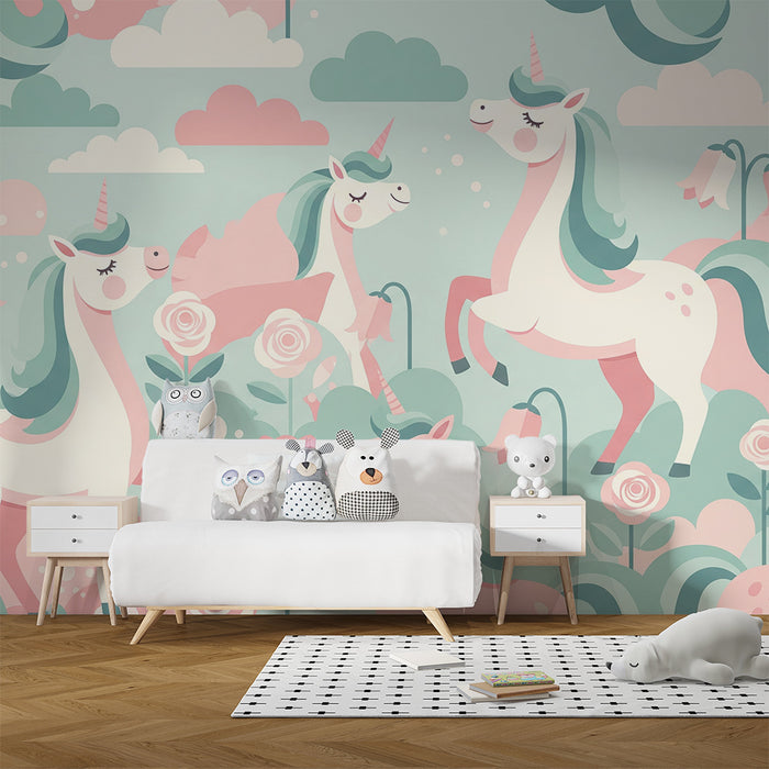 Papier peint chambre bébé | Licornes enchantées dans un jardin pastel