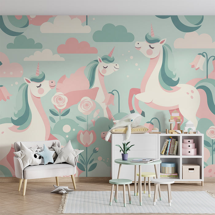 Papier peint chambre bébé | Licornes enchantées dans un jardin pastel