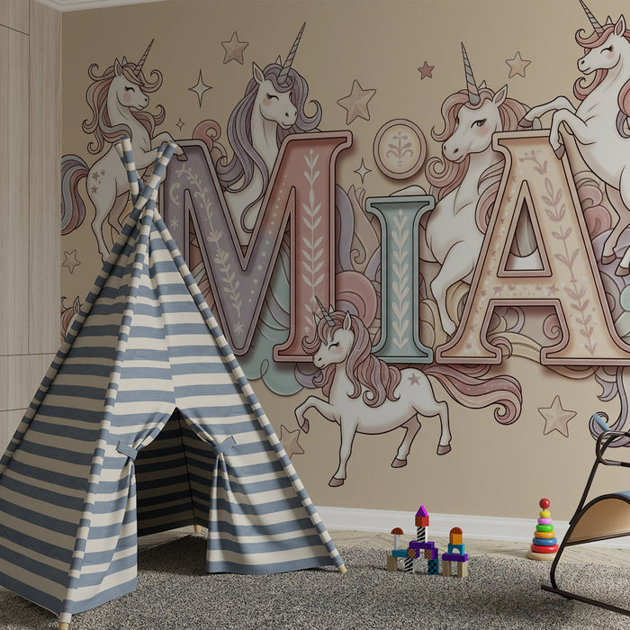 Papier de parede miestnosti pre bábätká | Zakúzlené jednorožce a farebné písmená pre kúzelnú atmosféru