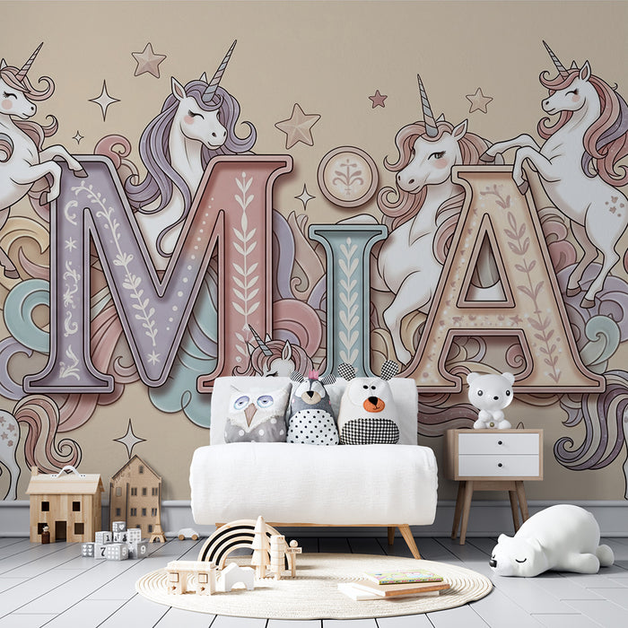 Papier de parede miestnosti pre bábätká | Zakúzlené jednorožce a farebné písmená pre kúzelnú atmosféru