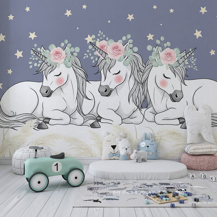Papel de parede quarto bebê | Unicórnios adormecidos sob as estrelas