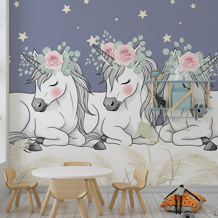 Papel de parede quarto bebê | Unicórnios adormecidos sob as estrelas
