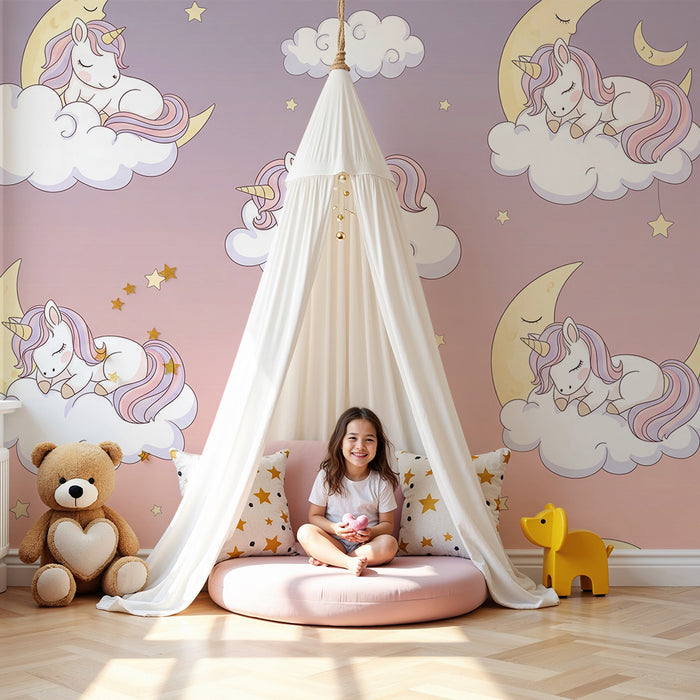 Papel de parede para quarto de bebé | Unicórnios a dormir em nuvens com estrelas e lua