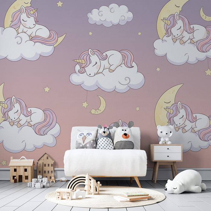 Papel de parede para quarto de bebé | Unicórnios a dormir em nuvens com estrelas e lua