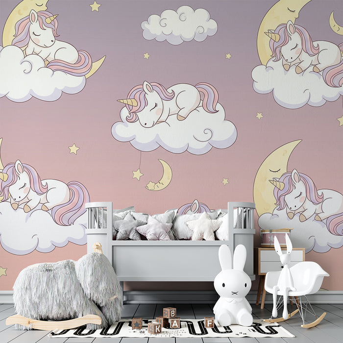 Papel de parede para quarto de bebé | Unicórnios a dormir em nuvens com estrelas e lua