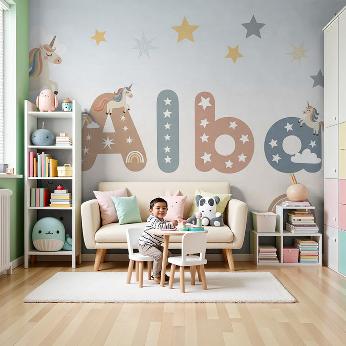 Babykamer behang | Eenhoorns en regenbogen in een sprookjesachtige wereld