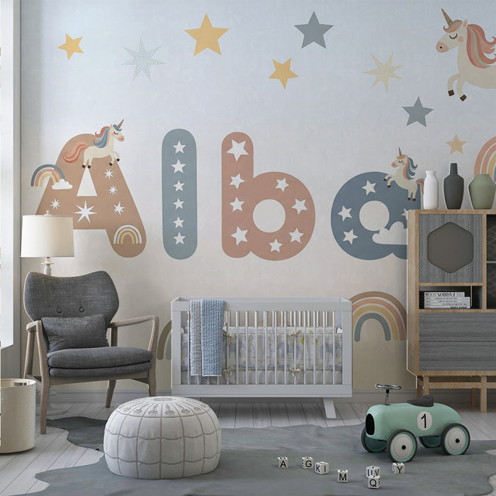 Babykamer behang | Eenhoorns en regenbogen in een sprookjesachtige wereld
