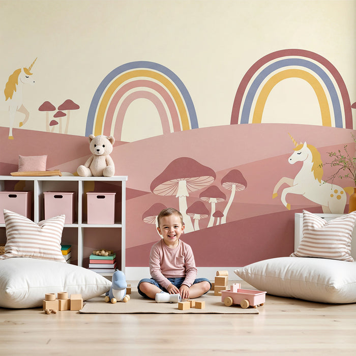Papier peint chambre bébé | Licornes et arcs-en-ciel dans un paysage doux