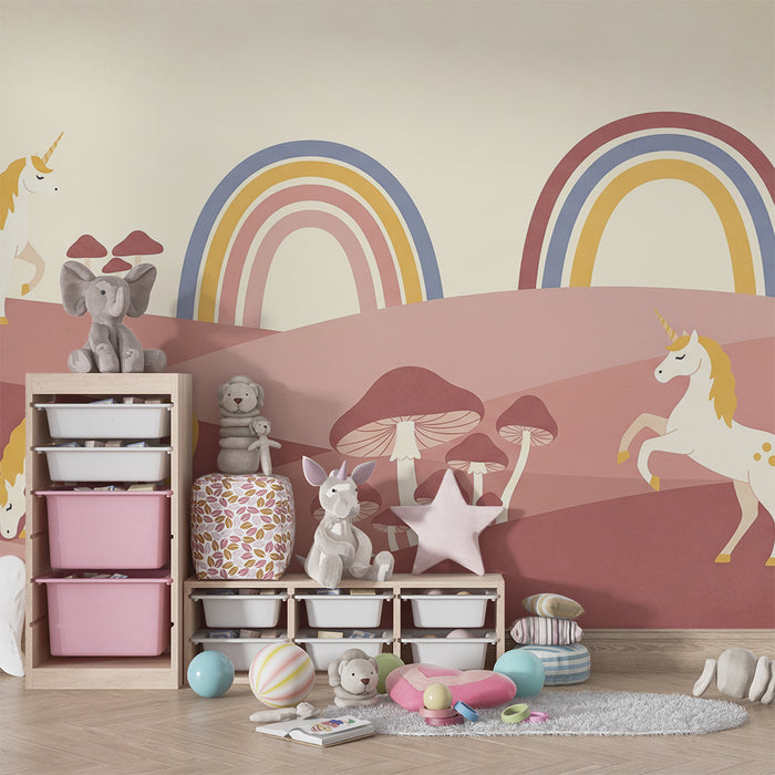 Papier peint chambre bébé | Licornes et arcs-en-ciel dans un paysage doux