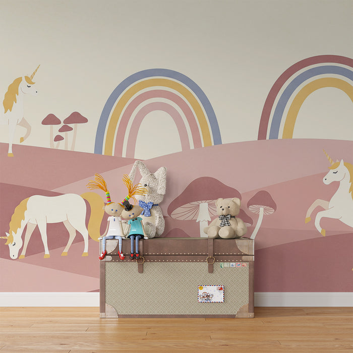 Papier peint chambre bébé | Licornes et arcs-en-ciel dans un paysage doux