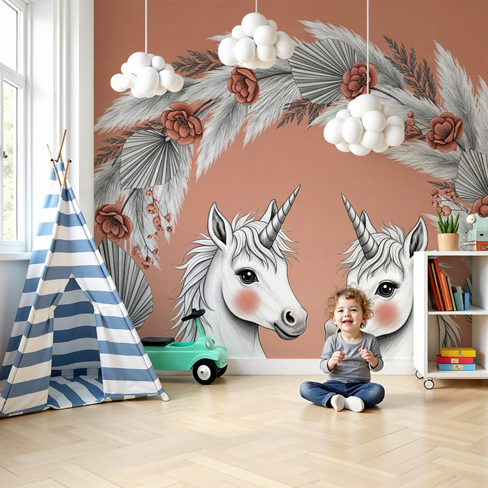 Papier peint chambre bébé | Licornes et fleurs délicates