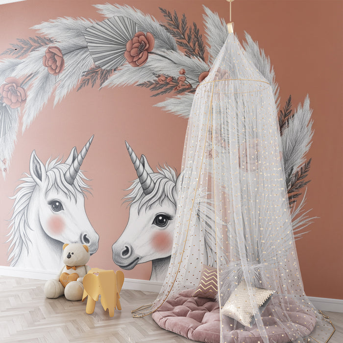 Papier peint chambre bébé | Licornes et fleurs délicates