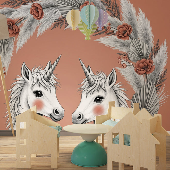 Papier peint chambre bébé | Licornes et fleurs délicates
