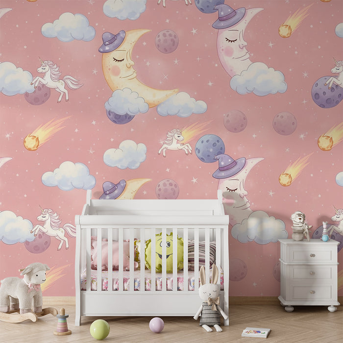 Papier peint chambre bébé | Licornes et lunes dans un ciel étoilé rose