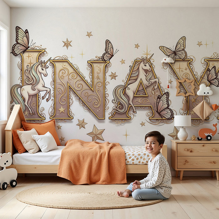 Carta da parati bambini | Unicorni e farfalle in un ambiente fiabesco