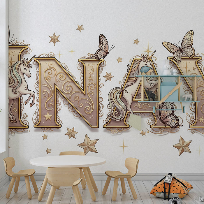 Carta da parati bambini | Unicorni e farfalle in un ambiente fiabesco