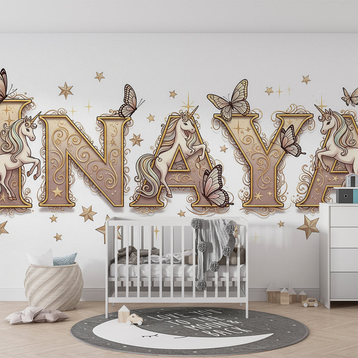 Carta da parati bambini | Unicorni e farfalle in un ambiente fiabesco