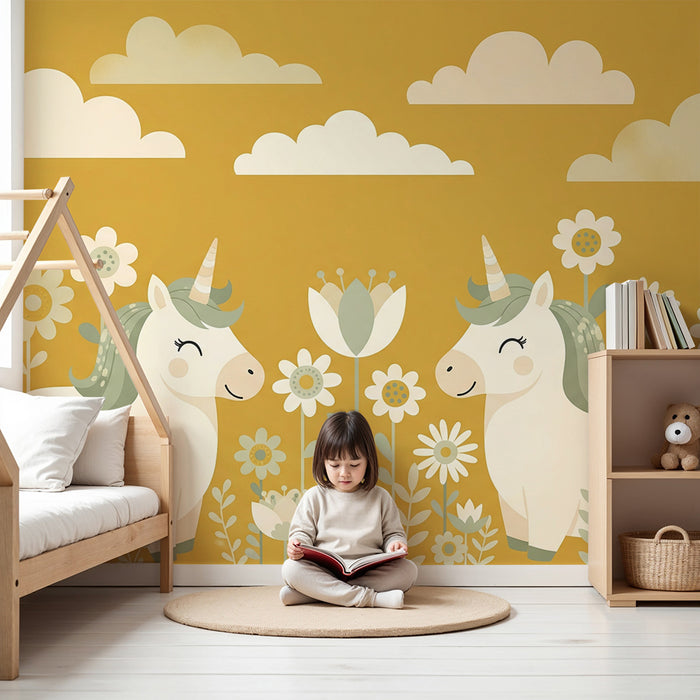 Papier peint chambre bébé | Licornes joyeuses dans un champ de fleurs