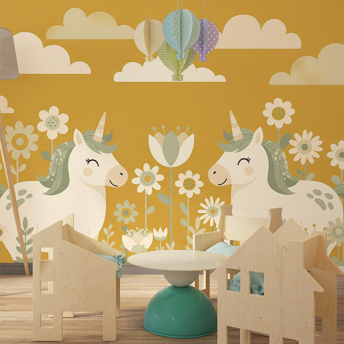 Papier peint chambre bébé | Licornes joyeuses dans un champ de fleurs