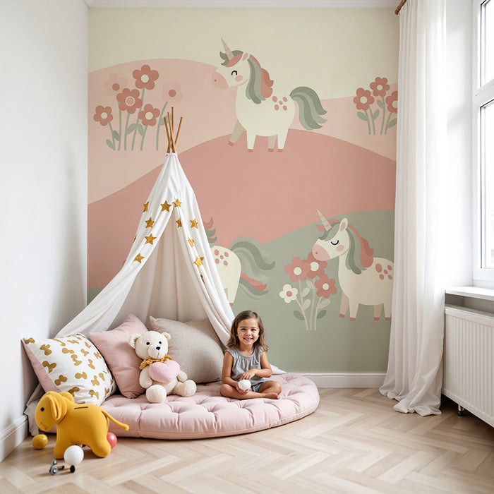 Papier peint chambre bébé | Licornes joyeuses dans un décor fleuri