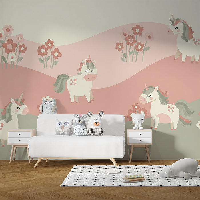 Papier peint chambre bébé | Licornes joyeuses dans un décor fleuri