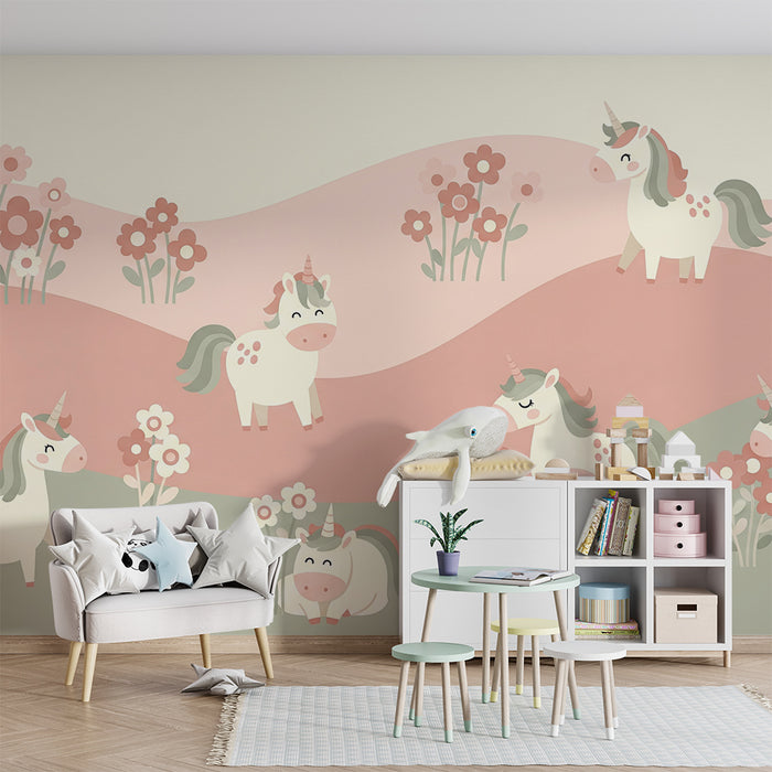Papier peint chambre bébé | Licornes joyeuses dans un décor fleuri