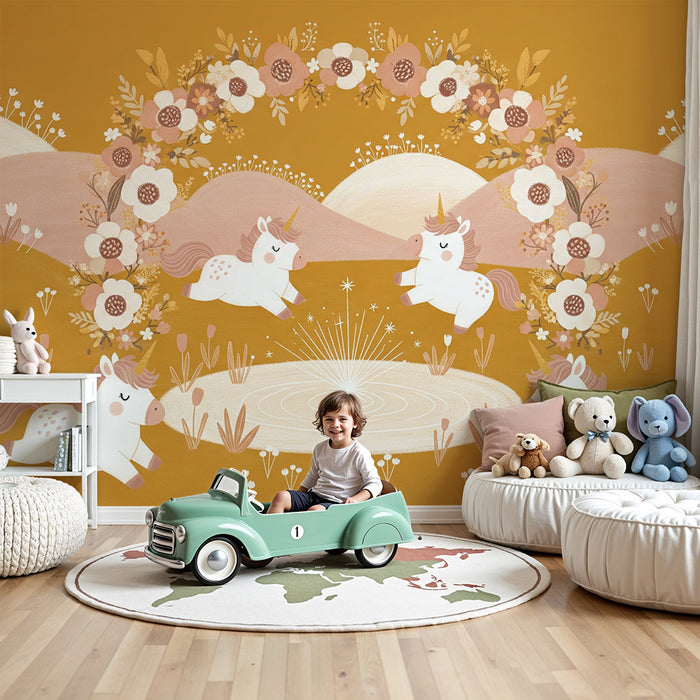 Papier peint chambre bébé | Licornes joyeuses dans un paysage fleuri