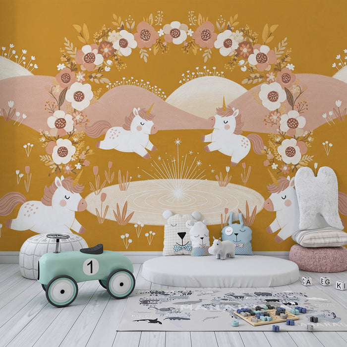 Papier peint chambre bébé | Licornes joyeuses dans un paysage fleuri