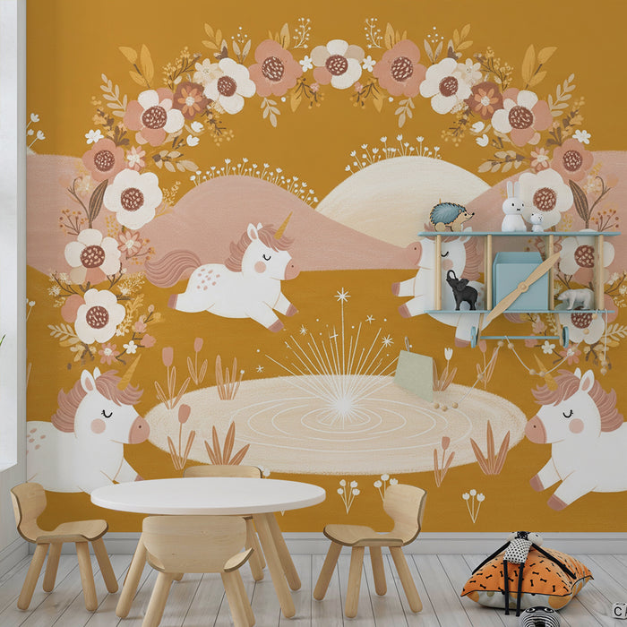 Papier peint chambre bébé | Licornes joyeuses dans un paysage fleuri